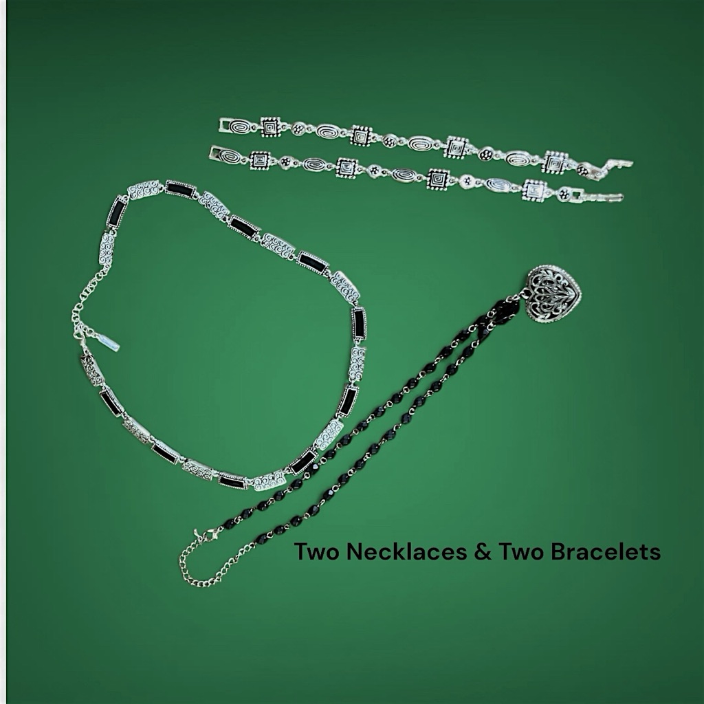 Unsigned Necklaces And Bracelets Silver Toned Metal And Black Beads And Enamel